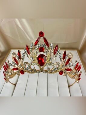 Red Crystal Gold Tiara Crown - Elegant Women's Accessory